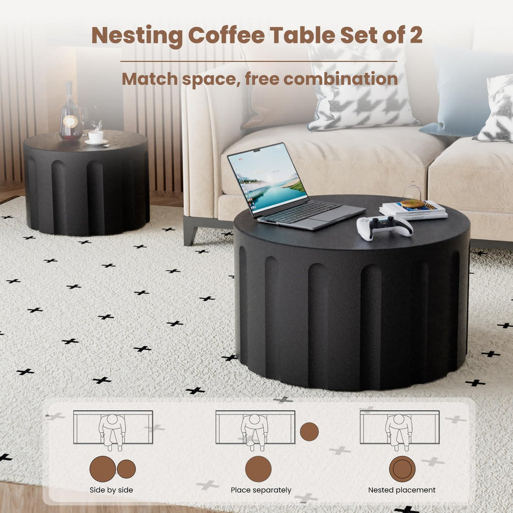 Fluted Round Nesting Coffee Table Set of 2, Modern Unique Circle Coffee Table, Drum Side Tea Table, Space-Saving for Living Room, Bedroom, Balcony, Office, No Assembly (26.77'+19.69' Black B)