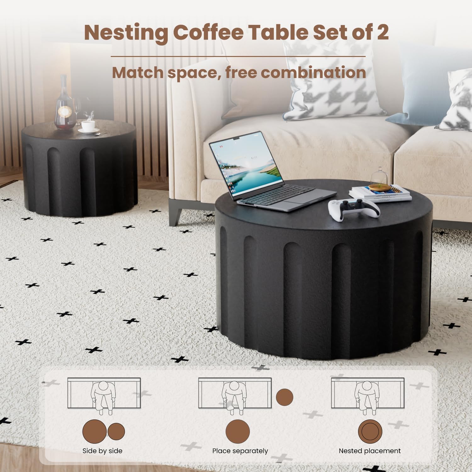 Fluted Round Nesting Coffee Table Set of 2, Modern Unique Circle Coffee Table, Drum Side Tea Table, Space-Saving for Living Room, Bedroom, Balcony, Office, No Assembly (26.77'+19.69' Black B)