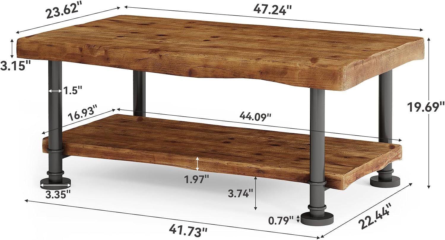 47' Coffee Table, Farmhouse Solid Wood Accent Center Table with 2-Tier Live Edge Shelf & Metal Legs, Rectangular Low Cocktail Tea Furniture for Living Room, Lounge, Brown and Black