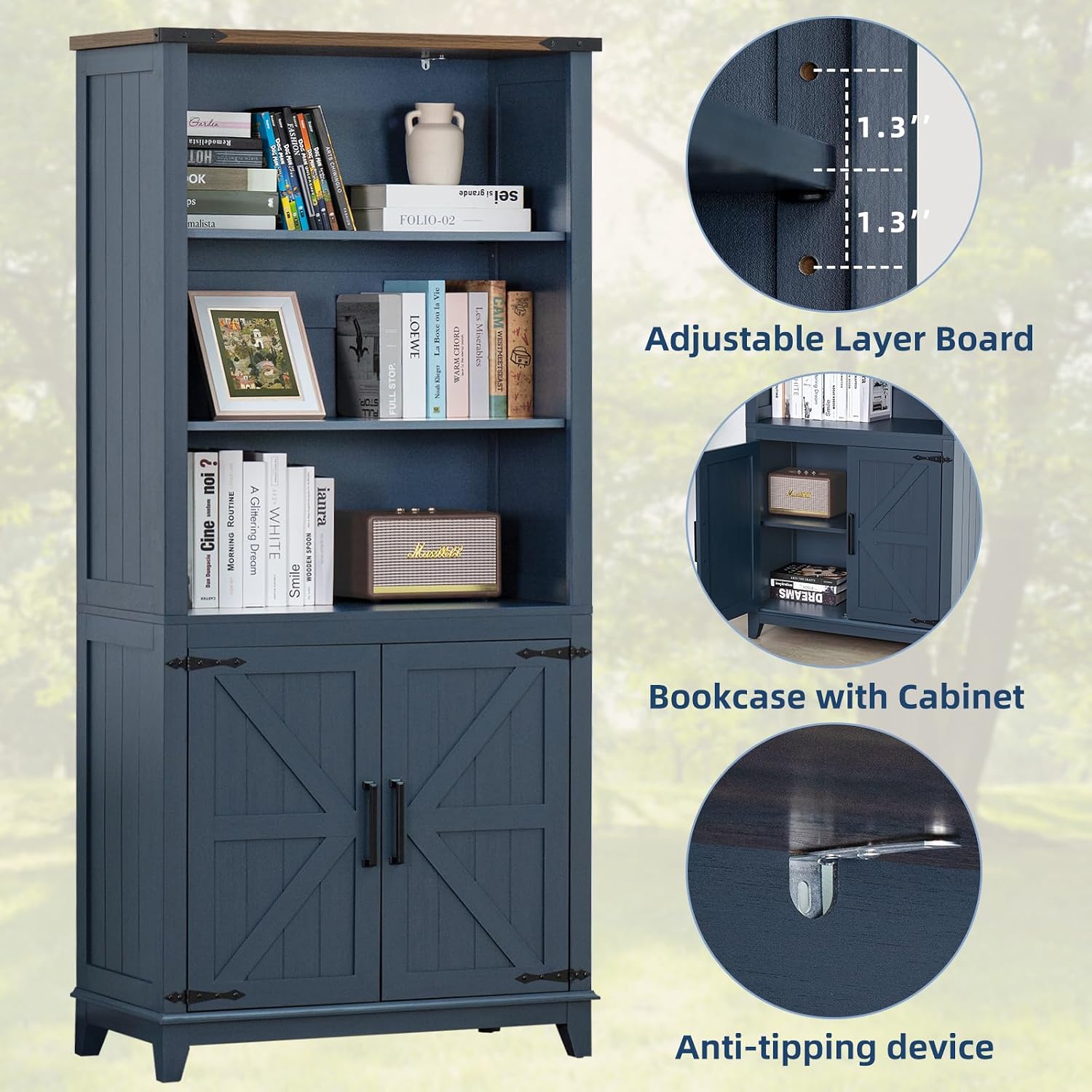 Joaxswe 70in Tall Bookshelf 5 Tier Bookcase with Barn Doors and Adjustable Shelves, Blue Farmhouse Book Shelf with Storage Cabinet, Wood Freestanding Display Bookshelves for Bedroom, Living Room | Bookcase