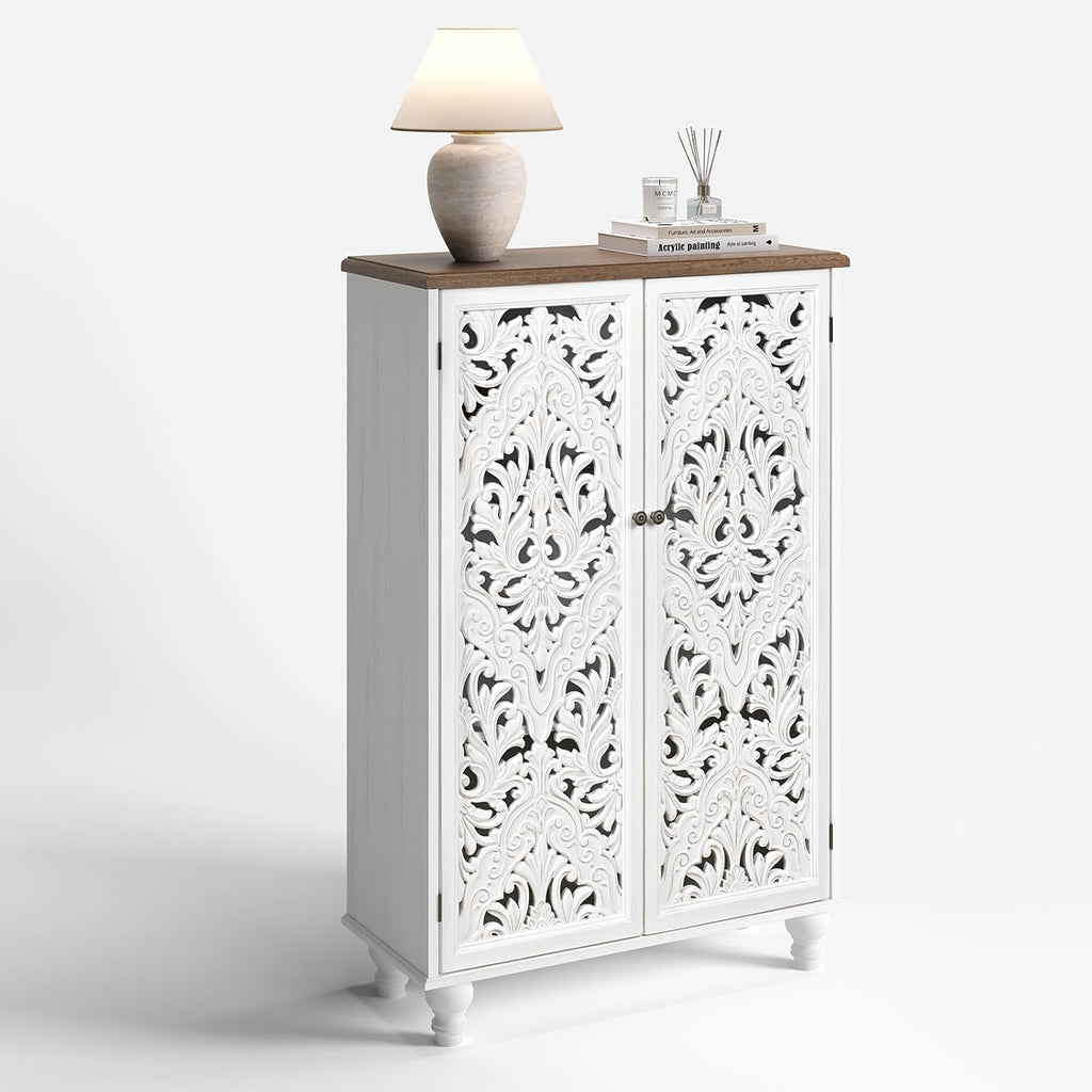 JOINICE 47' Tall Accent Cabinet with Carved Doors, Distressed White Wood Storage Cabinet with 3-Tier Shelves, Boho Farmhouse Sideboard Buffet for Small Spaces, Entryway & Living Room