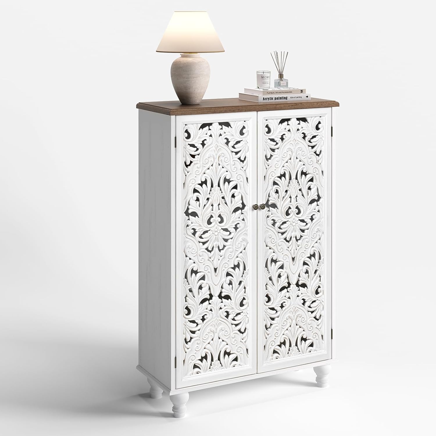 JOINICE 47' Tall Accent Cabinet with Carved Doors, Distressed White Wood Storage Cabinet with 3-Tier Shelves, Boho Farmhouse Sideboard Buffet for Small Spaces, Entryway & Living Room