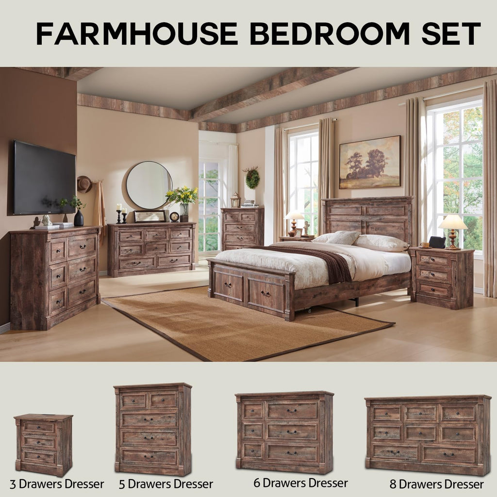 Aitjunz 26' Tall Nightstand with Charging Station, Farmhouse 23.6' Wide Large End Table w/Roman Column, Wood Rustic Side Table w/Metal Handle, 3 Drawers Dresser for Bedroom, Living Room, Light Brown