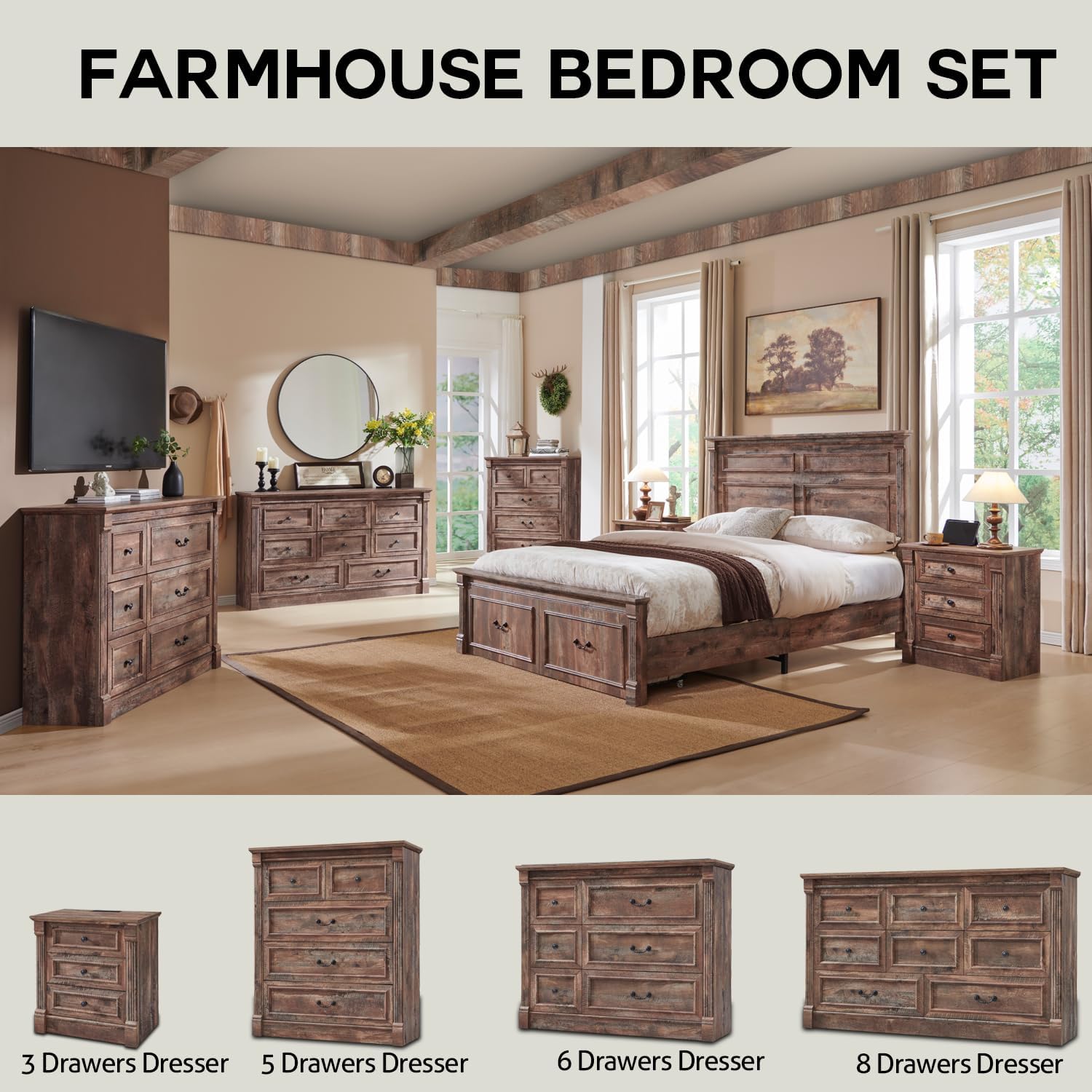 Aitjunz 26' Tall Nightstand with Charging Station, Farmhouse 23.6' Wide Large End Table w/Roman Column, Wood Rustic Side Table w/Metal Handle, 3 Drawers Dresser for Bedroom, Living Room, Light Brown