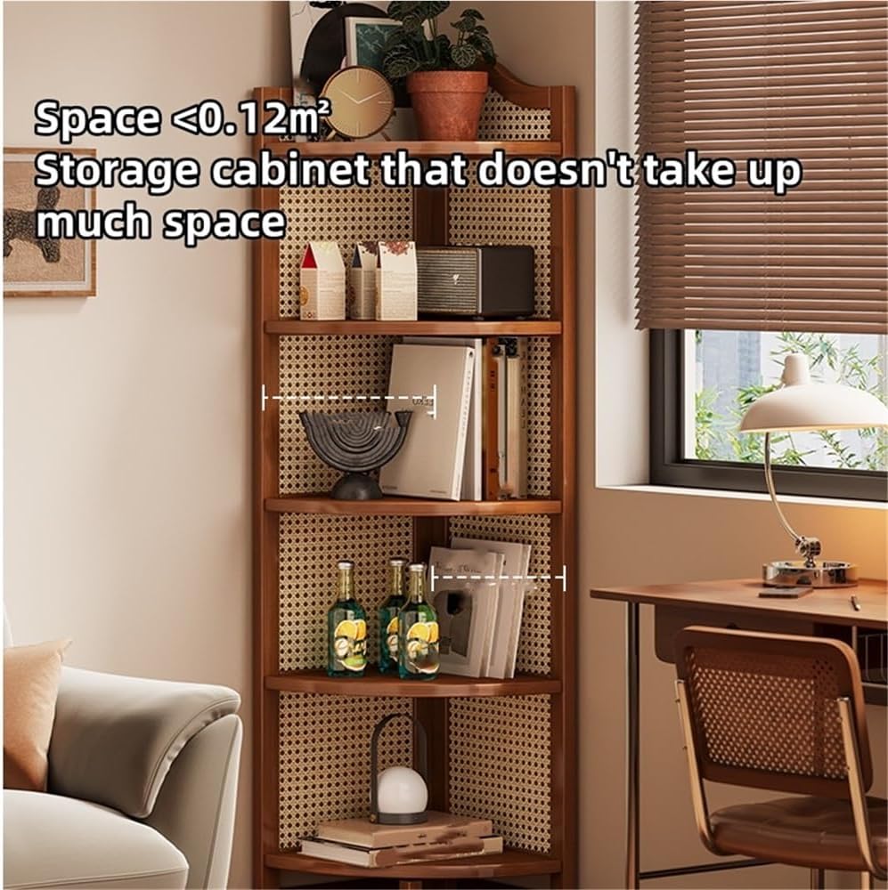 Corner Shelf Bookshelf 5-Tier, Multi-Tier Corner Shelves, Rattan Wall Shelf Display Stand, Wall Corner Bookshelf Multi Unit Organizer Rack with Legs for Living Room Decor, Small Space