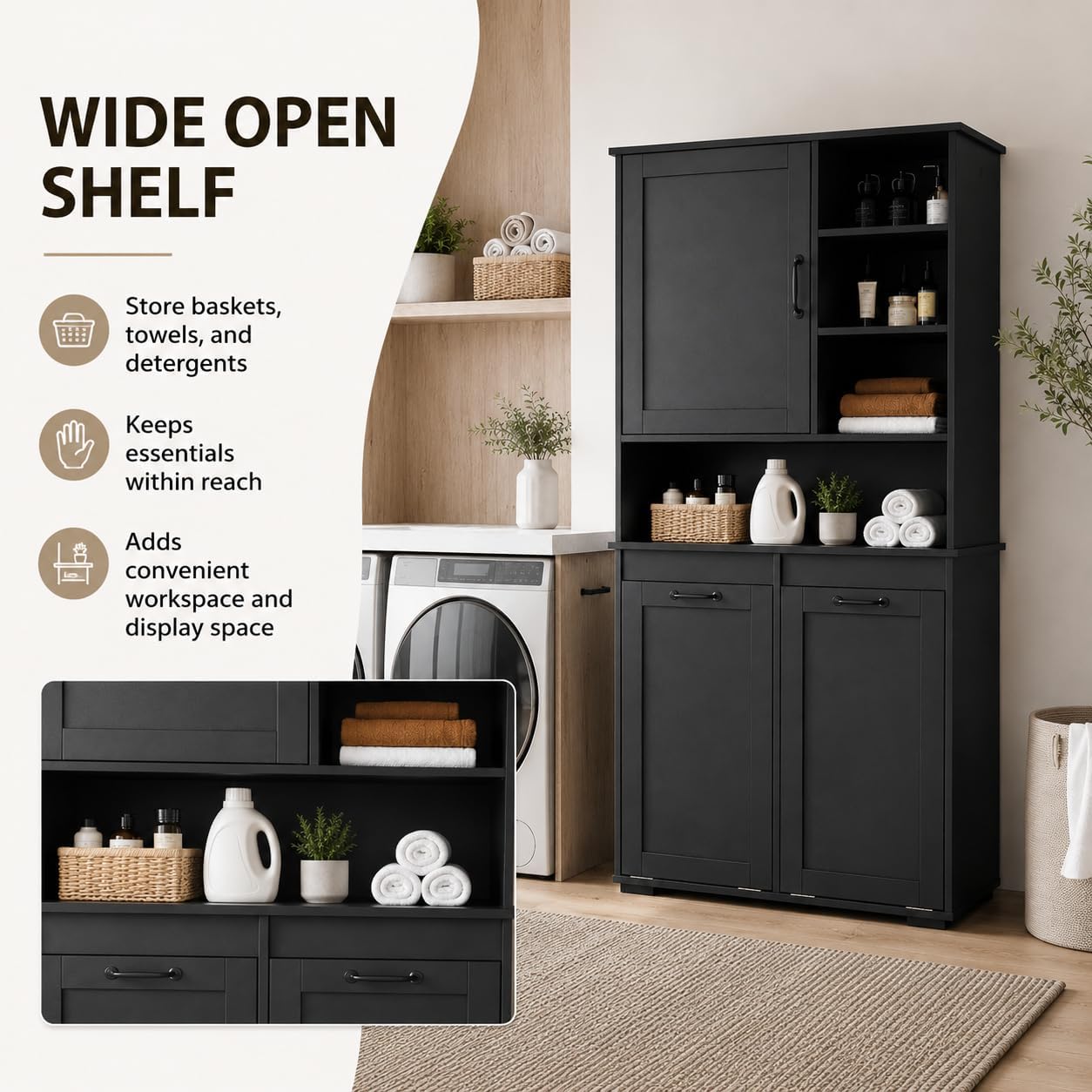 Bathroom Storage Cabinet with 2 Tilt-Out Bins, Freestanding | Particle board, MDF, melamine finish, 2 tilt-out bins, adjustable shelf, open shelves, bathroom, 31.5 W x 15.75 D x 63 H in