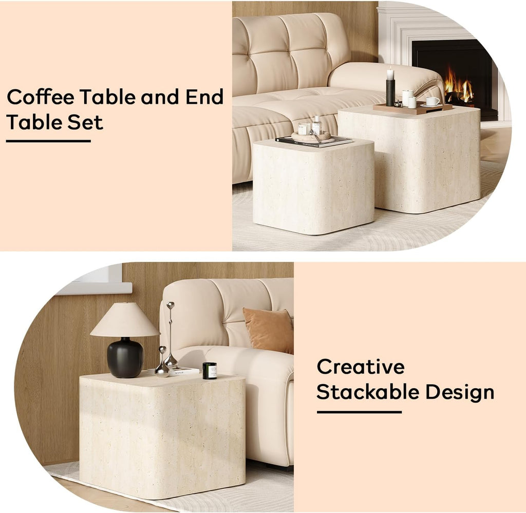 Nesting Coffee Table Set of 2, Modern Coffee Table and End Table Sets, Small Wooden Nesting Side Tables for Living Room Bedroom Apartment(Travertine)