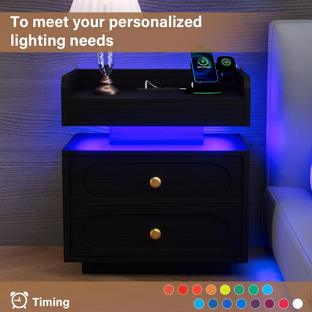 4ever2buy Black Nightstand Set of 2 with Adjustable LED Lights and Charging Station Modern Bedside Tables with 2 Drawers End Tables for Bedroom