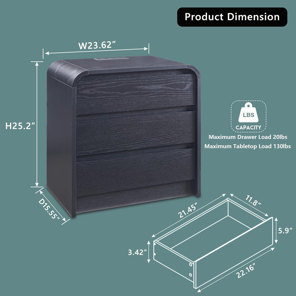 Aitjunz 25' Tall Modern Nightstand Set of 2, 23.6' Wide Wood Bedside Table with Charging Station, 3 Storage Drawers Side Table w/Curved Profile Design, End Table for Bedroom, Black