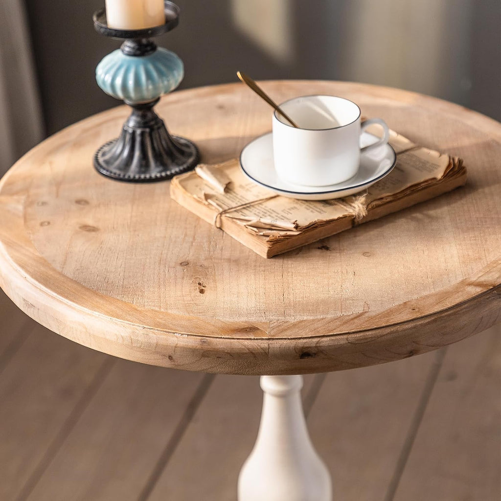 Round Side Table Living Room, Vintage End Table, French Country Round Table with Cedar Wood Accent Table for Bedroom, Entryway, Home Decor White