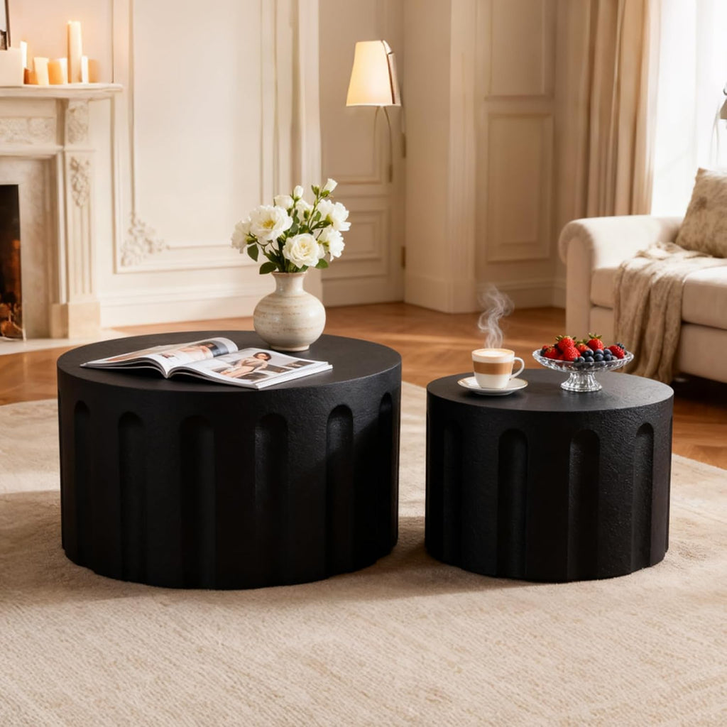 Fluted Round Nesting Coffee Table Set of 2, Modern Unique Circle Coffee Table, Drum Side Tea Table, Space-Saving for Living Room, Bedroom, Balcony, Office, No Assembly (26.77'+19.69' Black B)
