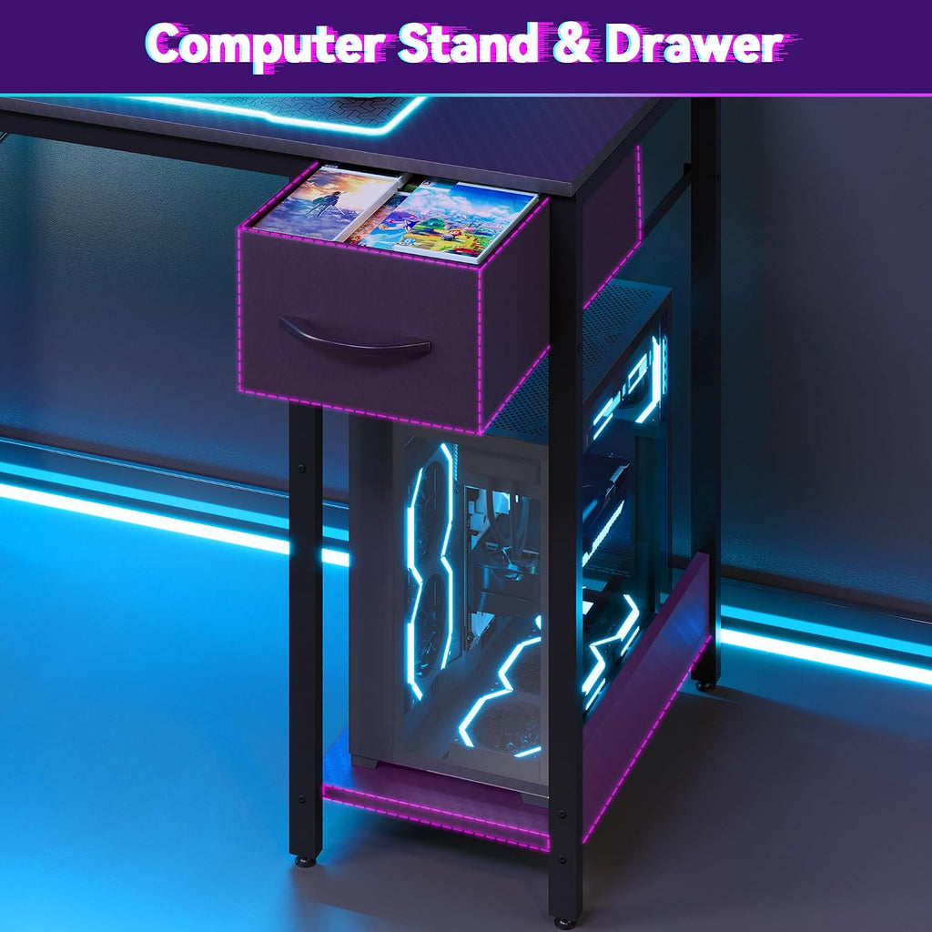 Apicizon L Shaped Gaming Desk 53', Reversible Corner Computer Desk with LED Lights, Carbon Fiber Surface, Pegboard with Hooks, Drawer & PC Tower Stand, USB Charging Port