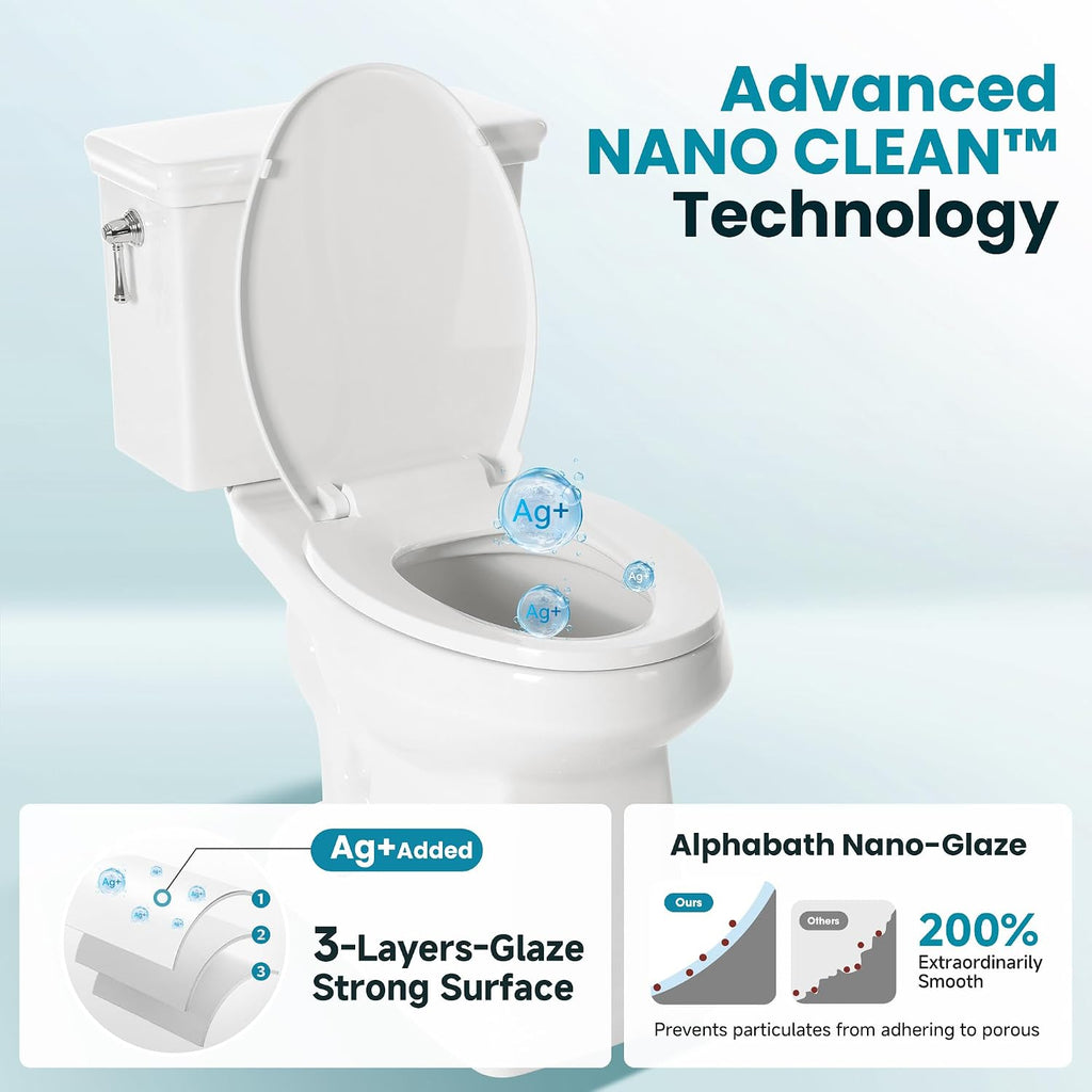 ABath 17' ADA Height Toilet Elongated with Soft Close Seat & 360° TSUNAMI Flush 1.28 GPF, WaterSense/1000g Map Certified, NANO CLEAN Ceramic, Two Piece Modern Toilets for Small Bathrooms, 12' Rough in