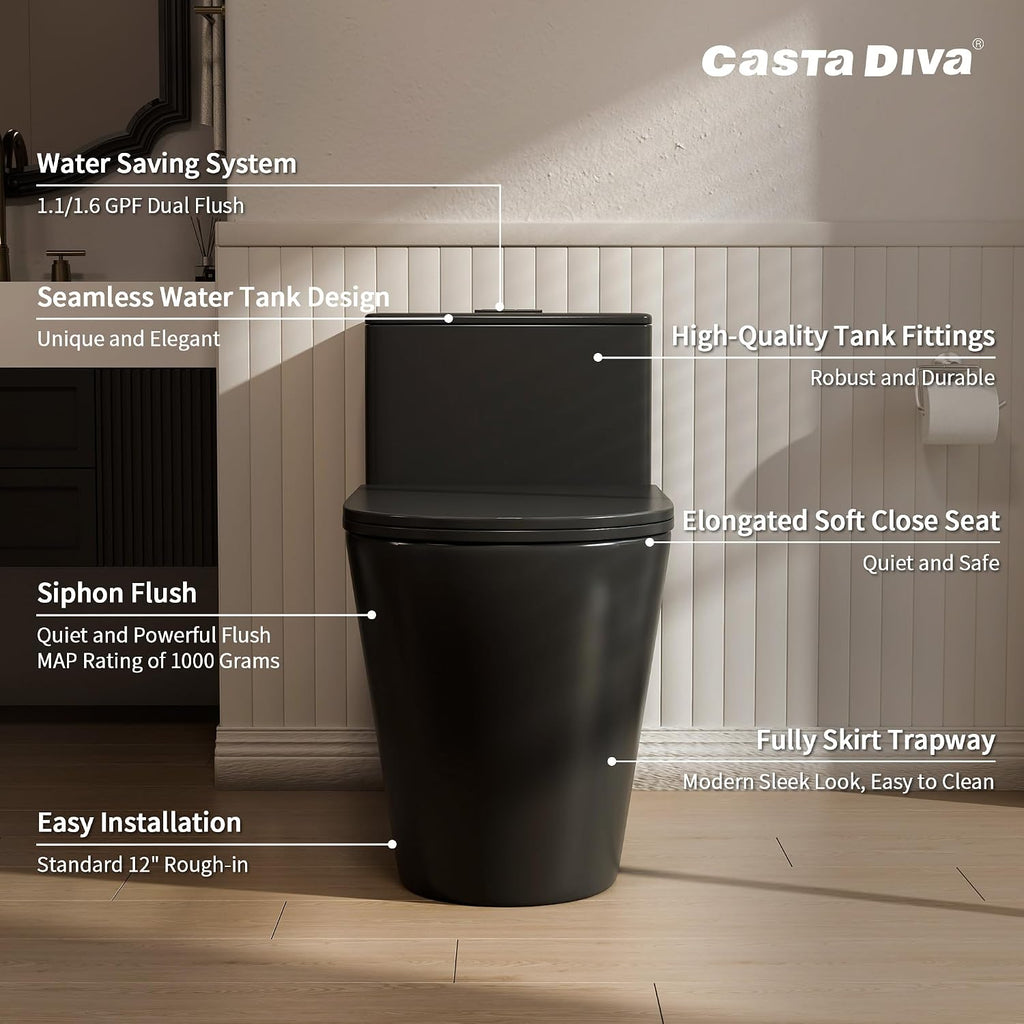 Casta Diva Elongated One Piece Toilet Black with 17' ADA Comfort Chair Height Seat Compact Toilet for Bathroom Power Dual Flush 1.1/1.6GPF & MAP 1000g, 12'' Rough-in, Matte Black