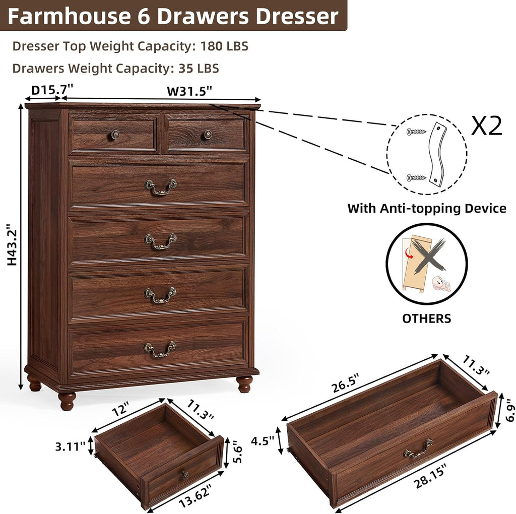 Joaxswe Farmhouse 6 Drawer Dresser Set of 2 for Bedroom, 42' Tall Rustic Chests of Drawers w/ 4 Solid Wood Feet, Mid Century Vintage Wooden Closet Storage Dressers Organizer for Living Room,Brown
