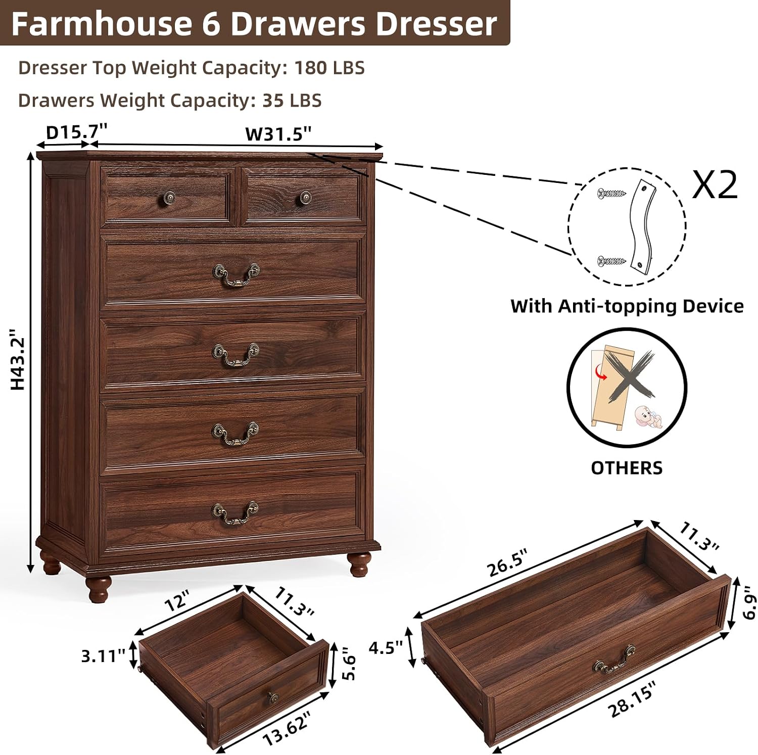Joaxswe Farmhouse 6 Drawer Dresser Set of 2 for Bedroom, 42' Tall Rustic Chests of Drawers w/ 4 Solid Wood Feet, Mid Century Vintage Wooden Closet Storage Dressers Organizer for Living Room,Brown