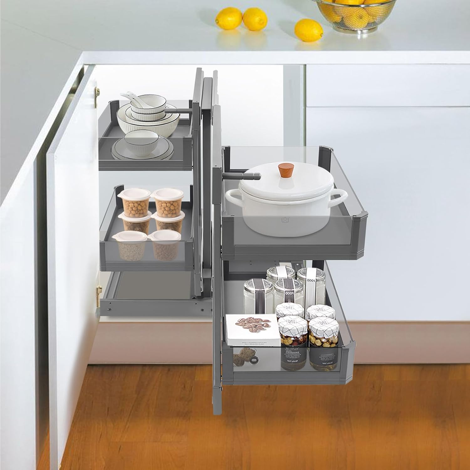 Blind Corner Cabinet Pull Out Right, 15 Inch Blind Corner Cabinet 2 Tiers Organizer Adjustable Design, Hidden Slide Out Shelves for Store Kitchen Utensils (Pull Out Left & Right, Style3)