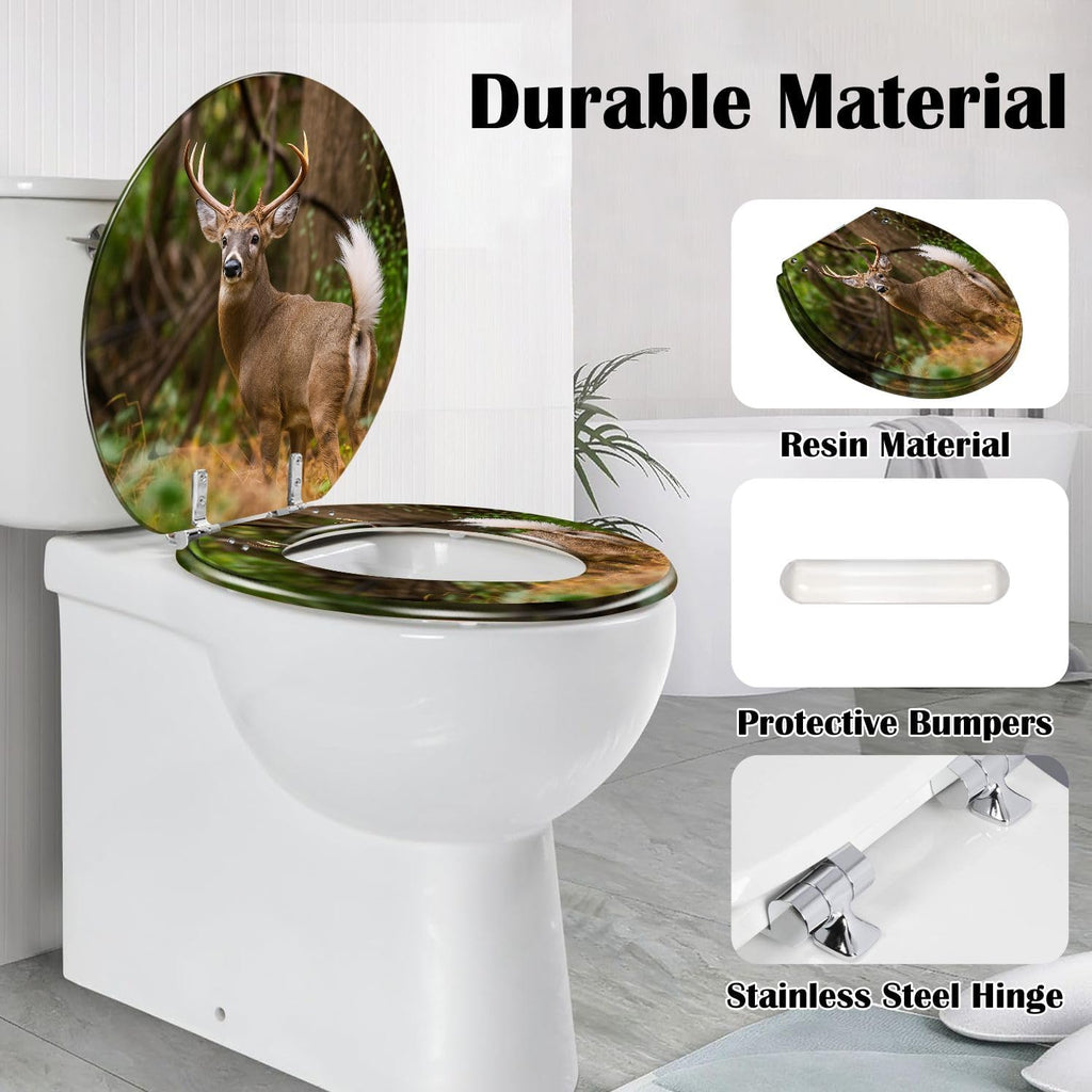 Round Toilet Seat Deer Hunting Animals Hunting White Tailed Deer Pennsylvania Stag Resin Toilet Seat Slow Quiet Close Lid with Quick-Release Hinges Cover Bumpers Easy to Clean Install