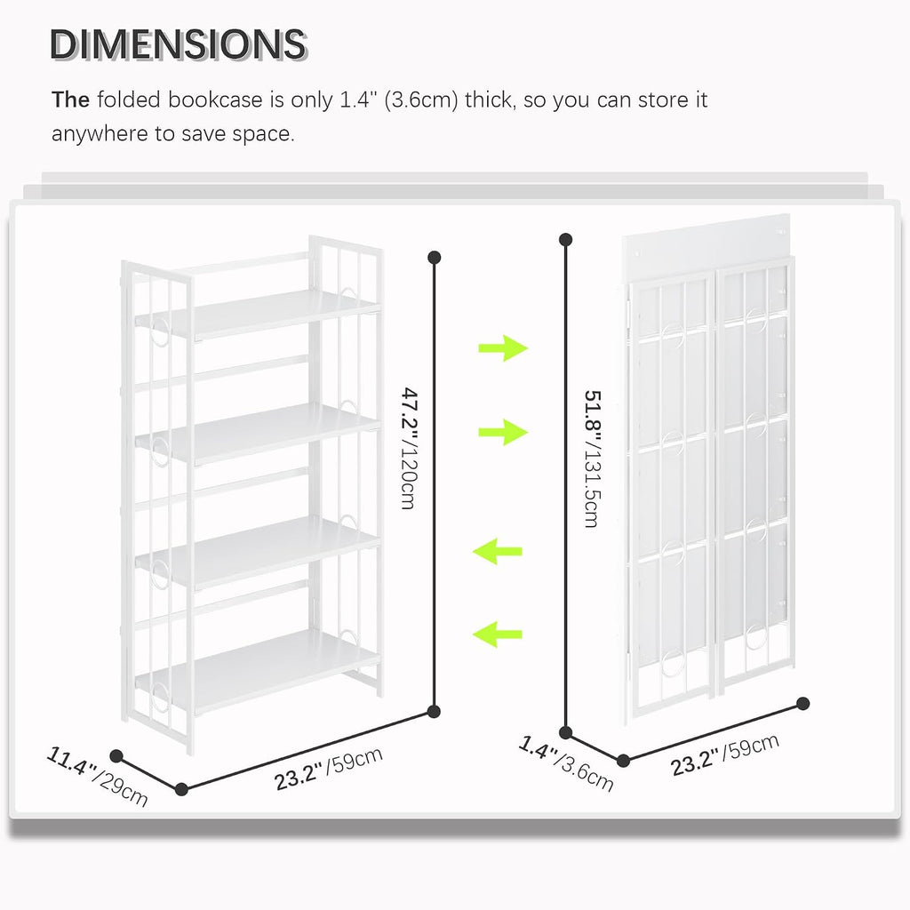 4NM No Assembly 4 Tiers Folding Bookshelf, 47.2' H Foldable Storage Shelves Vintage Bookcase Standing Racks Study Organizer Home Office - All White