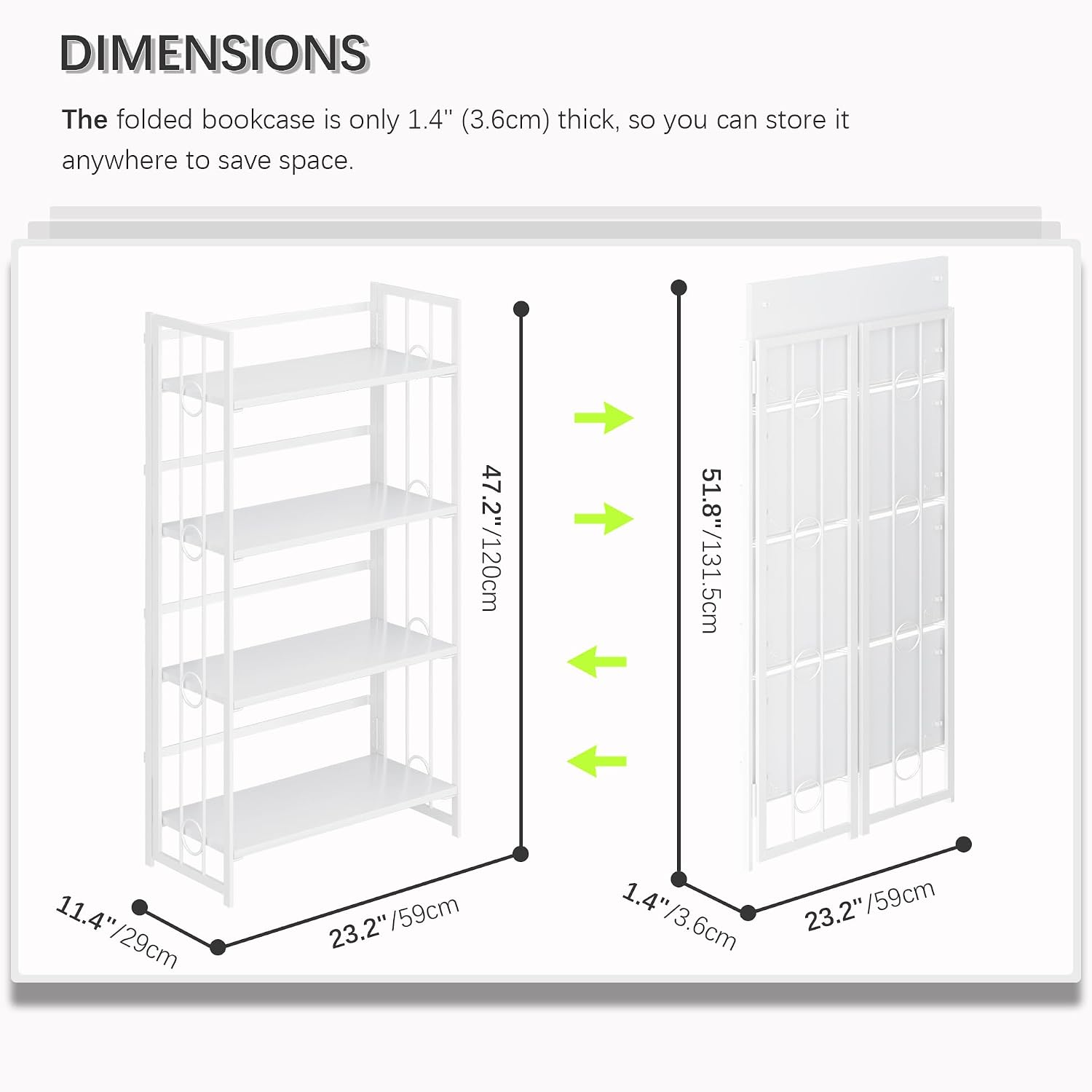 4NM No Assembly 4 Tiers Folding Bookshelf, 47.2' H Foldable Storage Shelves Vintage Bookcase Standing Racks Study Organizer Home Office - All White