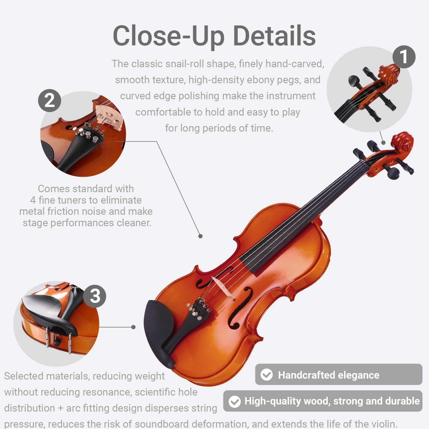 1/4 Acoustic Violin for Beginners, Full Size Solidwood Fiddle Set for Kids and Adults with Hard Case, 2 Bows, Extra Strings, Shoulder Rest, Rosin, Clip-on Tuner, Fingerboard Stickers, and Mute.