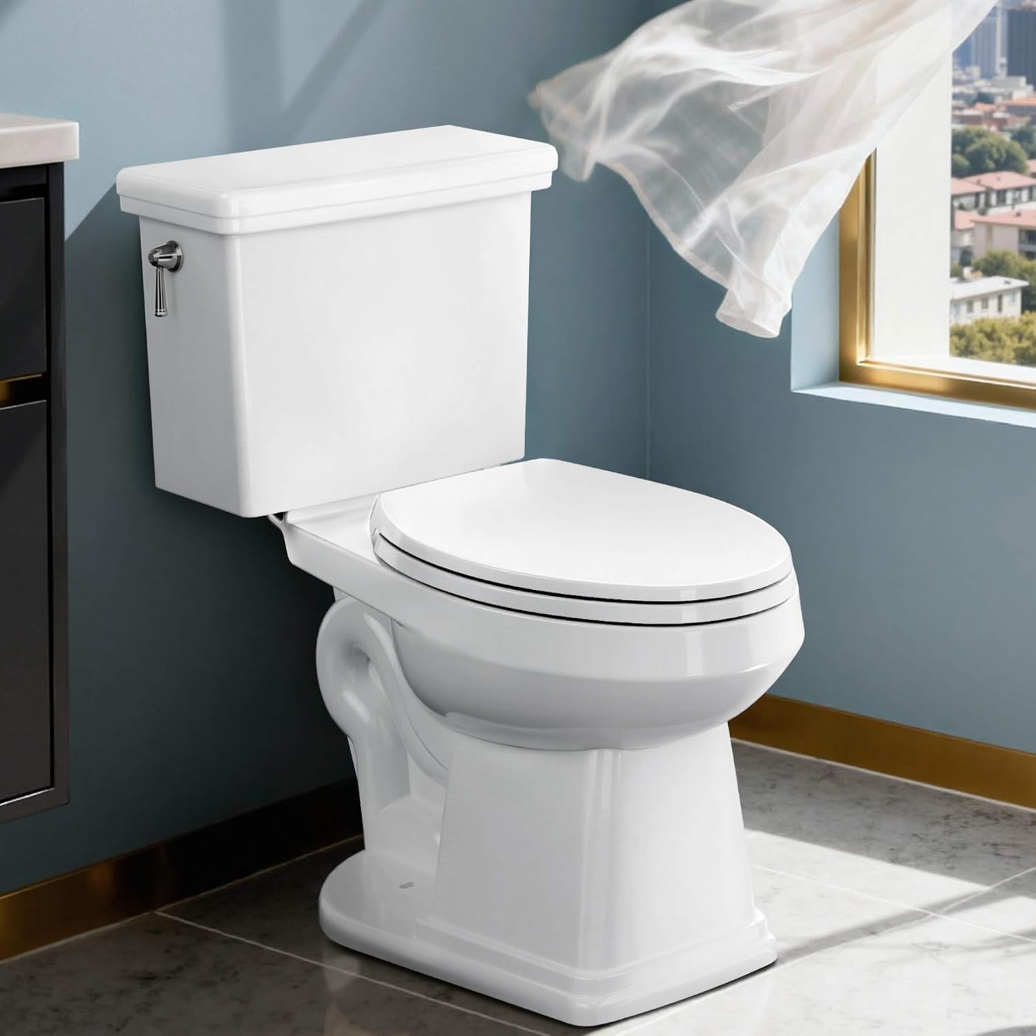 ABath 17' ADA Height Toilet Elongated with Soft Close Seat & 360° TSUNAMI Flush 1.28 GPF, WaterSense/1000g Map Certified, NANO CLEAN Ceramic, Two Piece Modern Toilets for Small Bathrooms, 12' Rough in