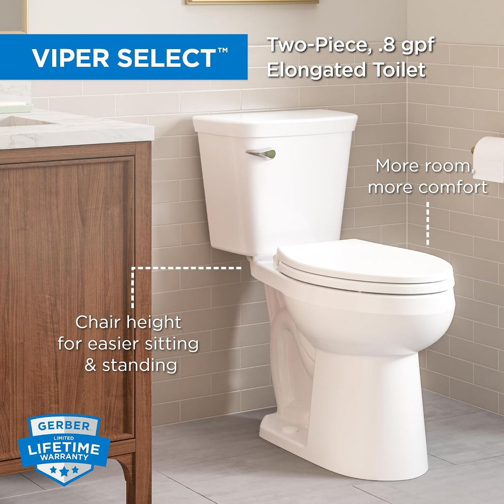 Gerber Viper Select Ultra-High Efficiency .8 GPF Two-Piece Toilet with 12-in Rough-in, ADA Compliant Chair Height, Soft-Close Seat and Install Kit with Wax Ring Included, White, GRS48251E