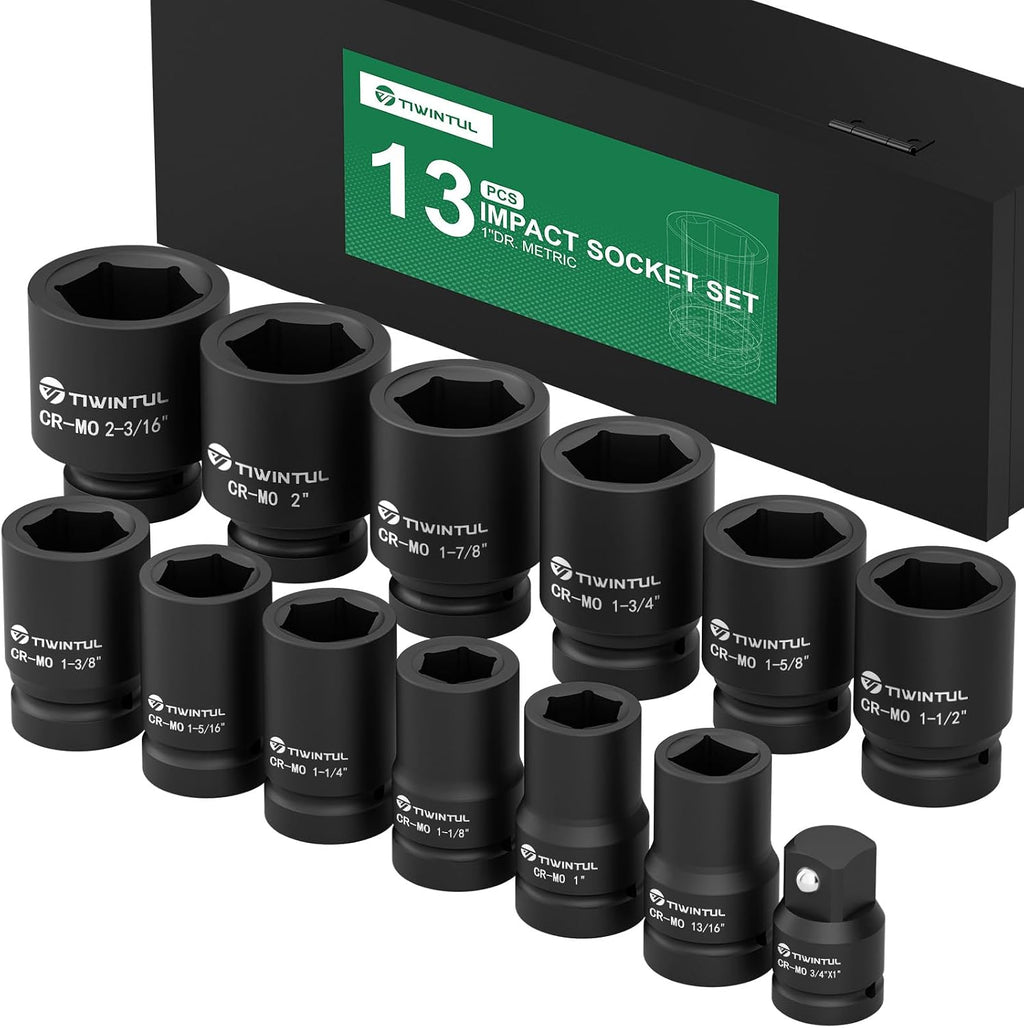 1 Inch Drive Impact Socket Set, SAE, 6 Point,13pcs Large Socket Set(1'- 2-3/16'), 42 CR-Mo Jumbo Impact Socket Kit with 3/4'F x 1'M Adapter & 13/16'Socket, for Truck & Equipment Repair