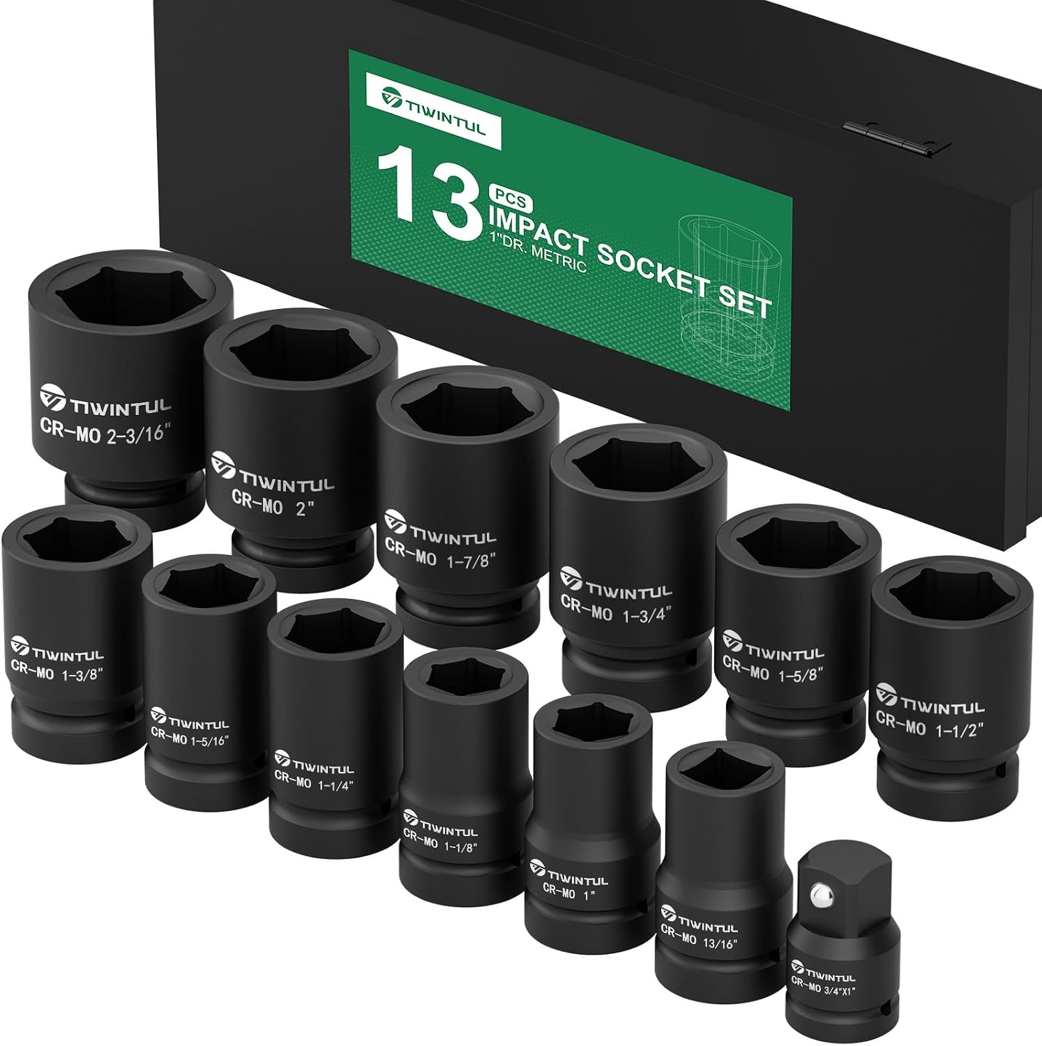 1 Inch Drive Impact Socket Set, SAE, 6 Point,13pcs Large Socket Set(1'- 2-3/16'), 42 CR-Mo Jumbo Impact Socket Kit with 3/4'F x 1'M Adapter & 13/16'Socket, for Truck & Equipment Repair