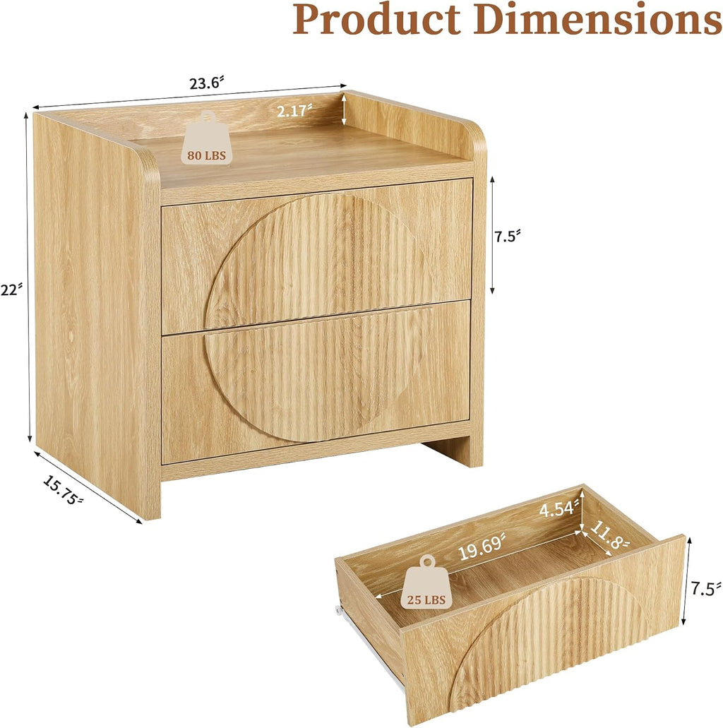 Turtle&Myrtle 24 Inch Wide Fluted Nightstands Set of 2, Large Night Stand with 2 Drawers, Mid Century Modern Bedside Table End Table with Storage for Bedroom (Natural)