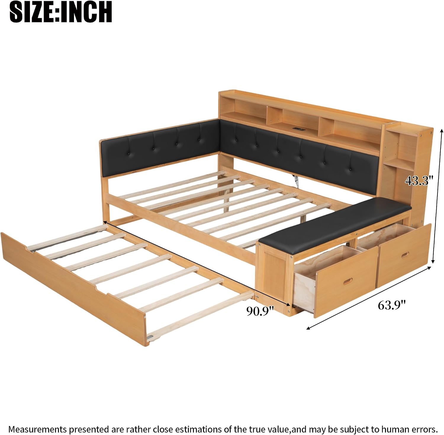 Harper & Bright Designs Full Size Daybed Sofa Bed with Trundle and L-Shaped Upholstered Headboard, Wooden Corner Platform Bed Frame with Storage Shelves, Bench, Charging Station, Natural Color+Black