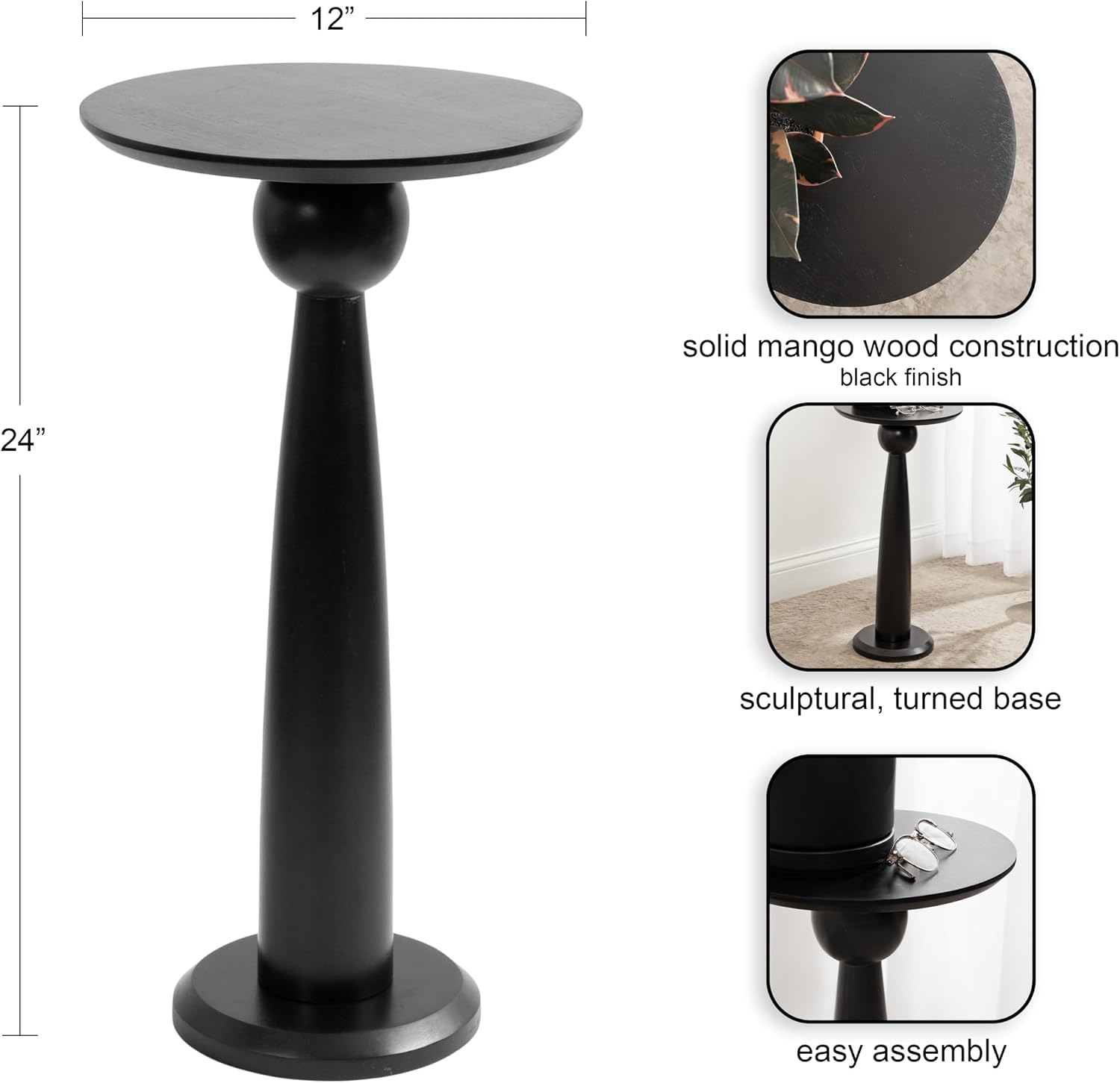 Kate and Laurel Jakob Modern Wooden Round Side Table; 12 x 24; Black; Circle Pedestal Table for Use as Bedroom Nightstand; Indoor Plant Stand; or Decorative Living Room Table