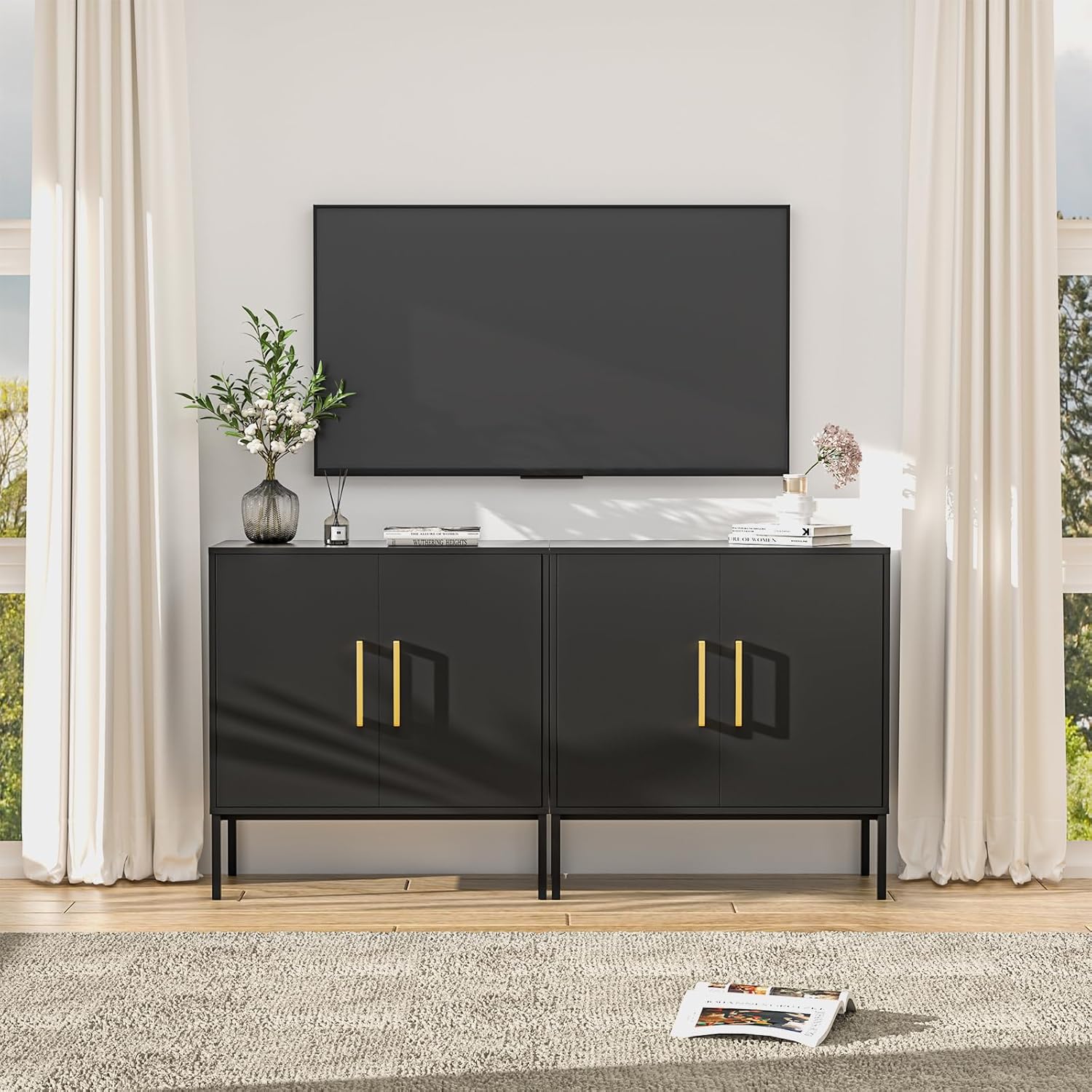LYNSOM Storage Cabinet with Doors, Set of 2, Modern Buffet Cabinet with Storage, Kitchen Sideboard Buffet, Black Wood Accent Cabinet for Living Room, Bedroom, Hallway, Entryway, Office, Black