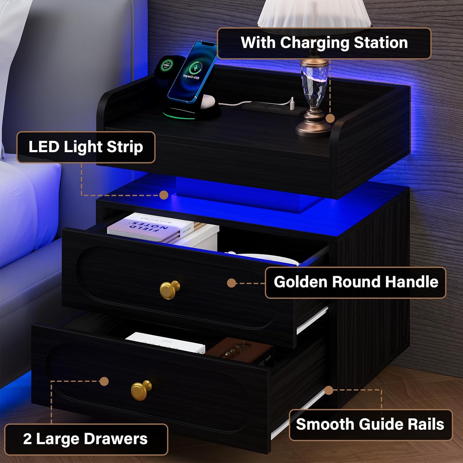 4ever2buy Black Nightstand Set of 2 with Adjustable LED Lights and Charging Station Modern Bedside Tables with 2 Drawers End Tables for Bedroom