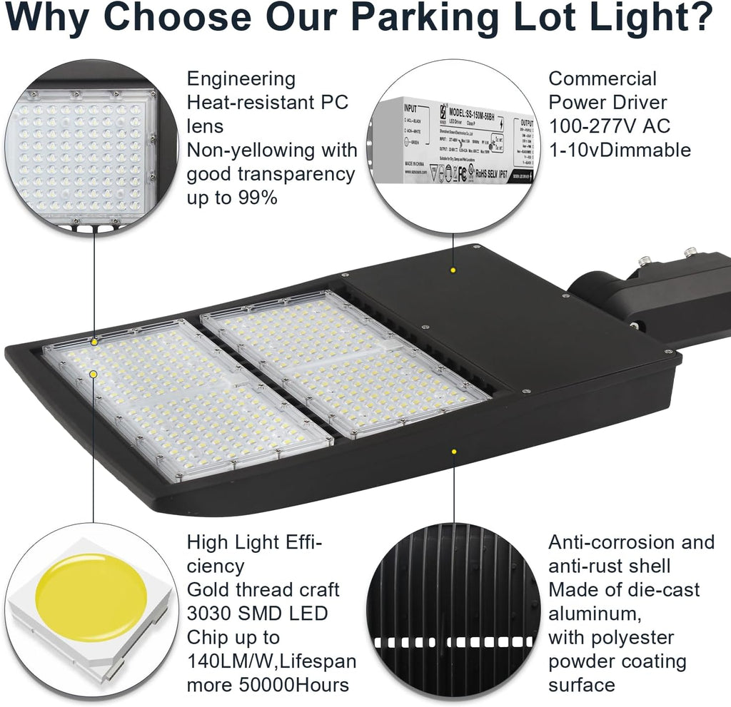 300W LED Parking Lot Light, 42000LM 4000K LED Shoebox Area Light, 0-10V Dimmable Commercial Outdoor Street Lighting (1000W HID/HPS Equivalent), IP65 20KV Surge Protection, AC100-277V UL Listed