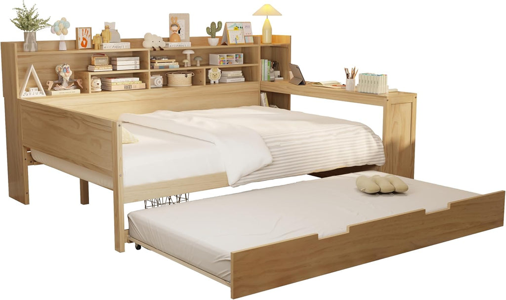 Harper & Bright Designs Full Size Wooden Daybed with Storage Shelves, Multi-Functional Corner Bed Frame with Twin Size Trundle Bed and Study Desk for Kids Teen, Natural