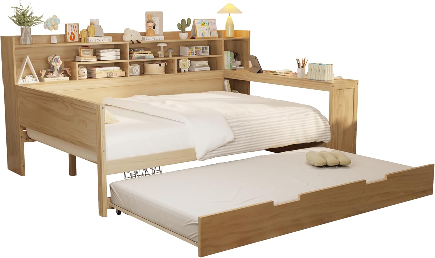 Harper & Bright Designs Full Size Wooden Daybed with Storage Shelves, Multi-Functional Corner Bed Frame with Twin Size Trundle Bed and Study Desk for Kids Teen, Natural