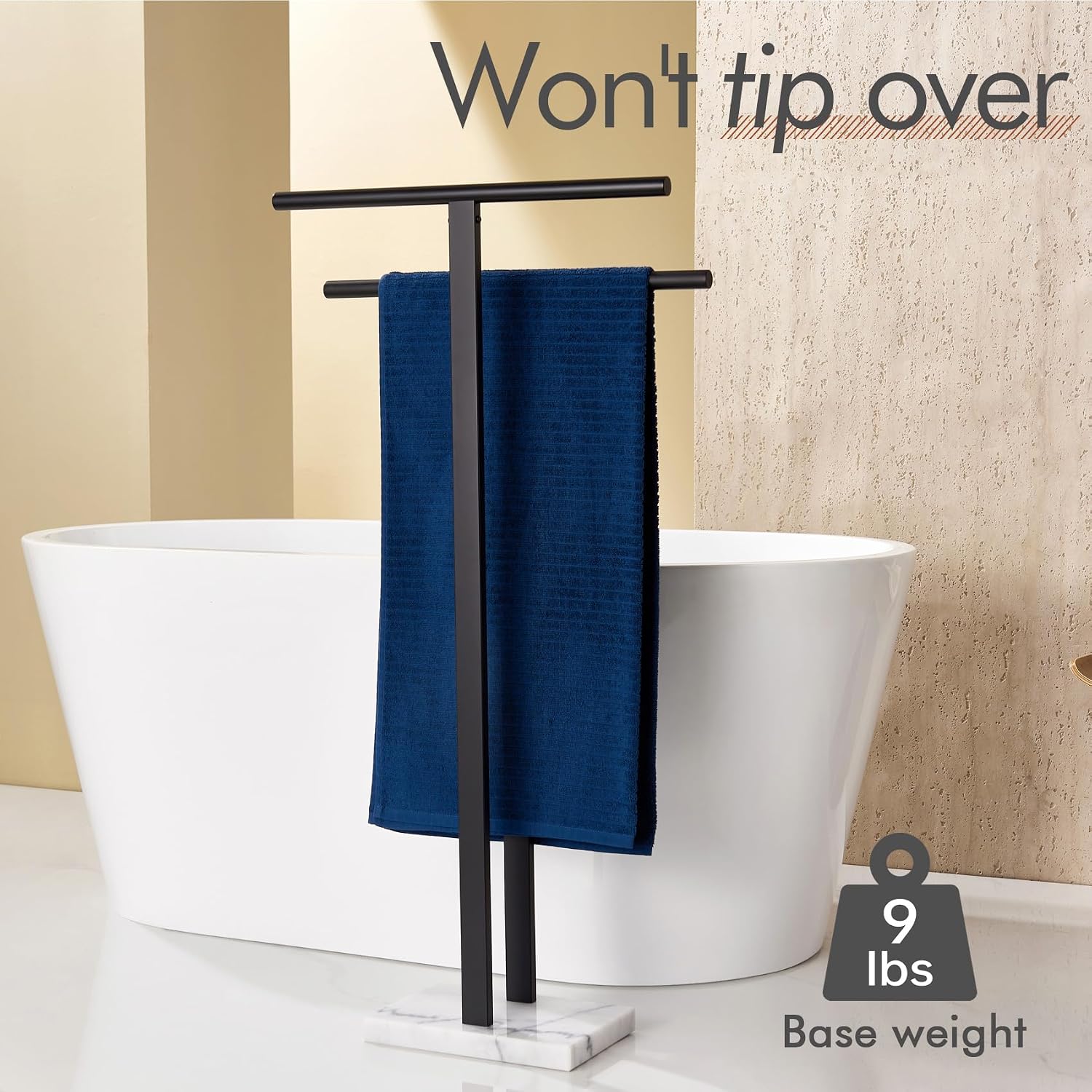 KOKOSIRI 24 Inch Hand Towel Bar Bathroom Towel Holder for Bath Standing Towel Rack for 2-Tier Towel Holder with Heavy Marble Base Matte Black B4005BK-L24+THS0005-BK