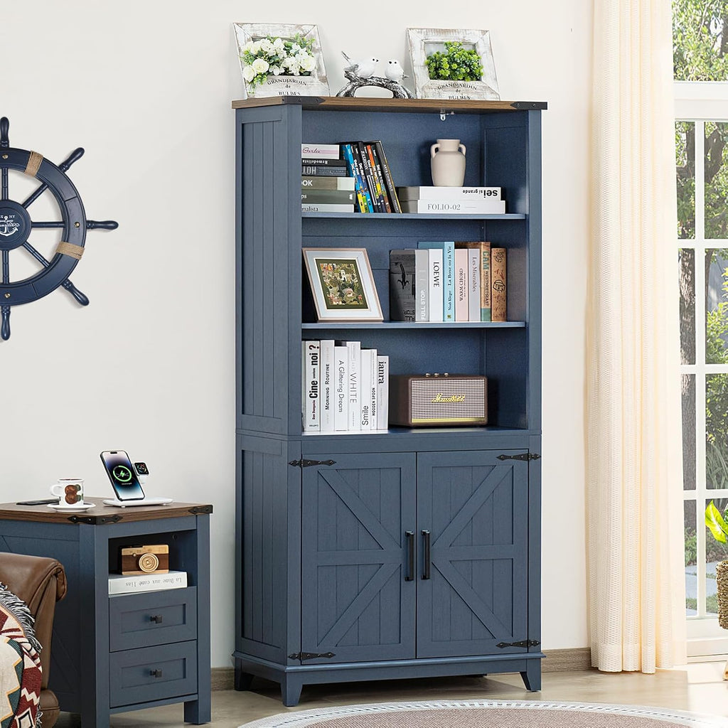 Joaxswe 70in Tall Bookshelf 5 Tier Bookcase with Barn Doors and Adjustable Shelves, Blue Farmhouse Book Shelf with Storage Cabinet, Wood Freestanding Display Bookshelves for Bedroom, Living Room | Bookcase