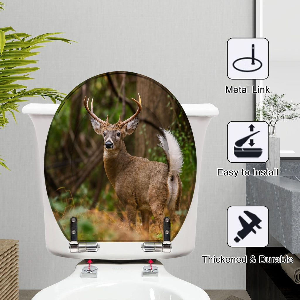 Round Toilet Seat Deer Hunting Animals Hunting White Tailed Deer Pennsylvania Stag Resin Toilet Seat Slow Quiet Close Lid with Quick-Release Hinges Cover Bumpers Easy to Clean Install