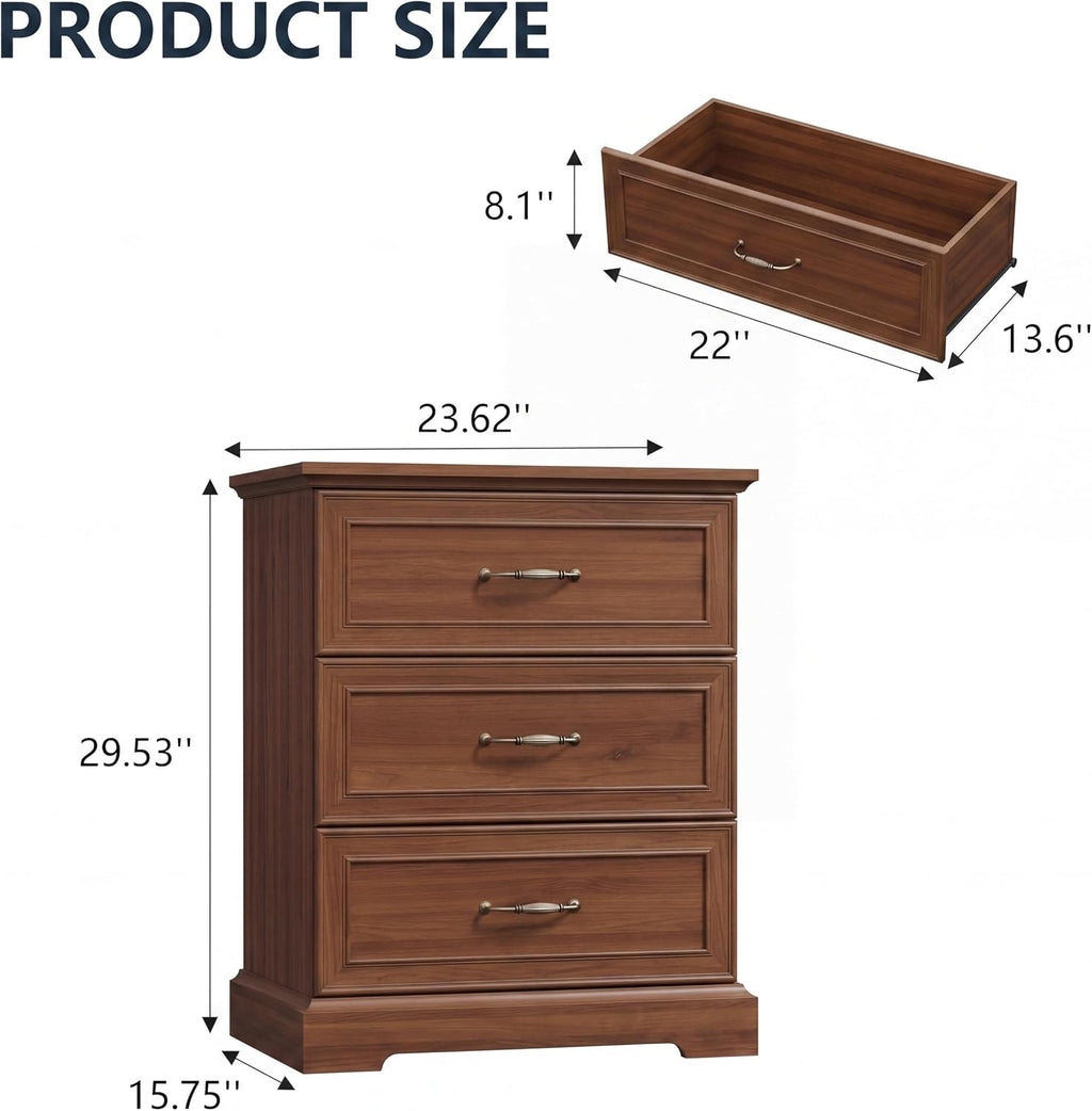 Nightstand Set of 2,24' Wide End Table with 3 Large Drawers & Metal Handles,Rustic Farmhouse Wood Small Dresser,Bedside Table,Modern Chest of Drawers for Bedroom,Living Room,Walnut