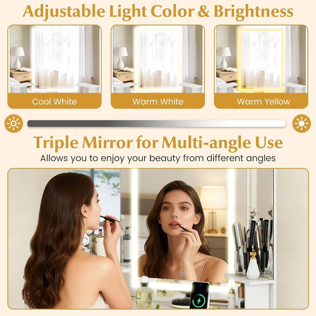 LOKO Corner Vanity Desk with Mirror & Lights, Modern Makeup Dressing Table with Triple Mirror, 3 Lighting Modes & Adjustable Brightness, Matching Chair, Open Shelves & Cabinet, 2 Fabric Bags
