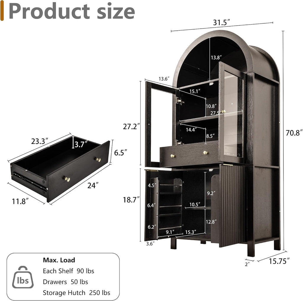 71' Tall Arched Kitchen Pantry Organizers with Drawer,Glass Door,Door Racks, Fluted Hutch Cabinet with Storage & Adjustable Shelves,Cupboard Buffet Cabinet for Living Room, Coffee Bar Corner(Black)