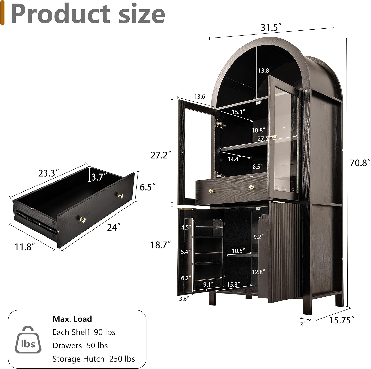 71' Tall Arched Kitchen Pantry Organizers with Drawer,Glass Door,Door Racks, Fluted Hutch Cabinet with Storage & Adjustable Shelves,Cupboard Buffet Cabinet for Living Room, Coffee Bar Corner(Black)