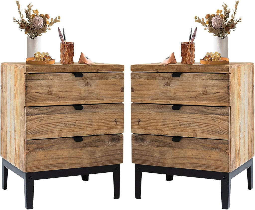 Wnutrees Farmhouse Nightstand Wood Bedside Table with 3-Drawers Bedside End Tables Storage for Living Room, Hallway, Handmade Distressed, Natural, Set of 2