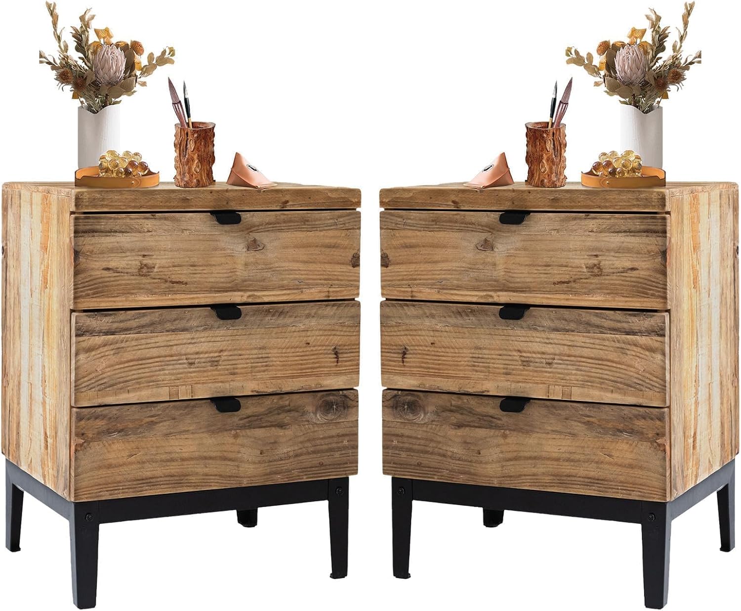 Wnutrees Farmhouse Nightstand Wood Bedside Table with 3-Drawers Bedside End Tables Storage for Living Room, Hallway, Handmade Distressed, Natural, Set of 2