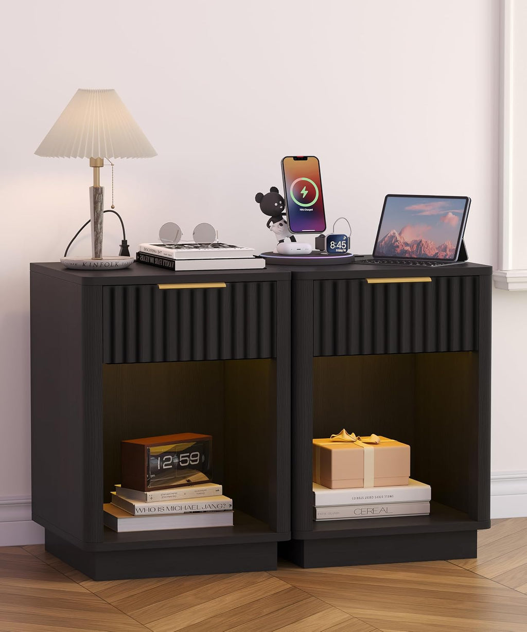 Akxomel Fluted Nightstands Set of 2, Wooden Night Stand with Charging Station and LED Light, Modern Mid Century End Table with Drawer, 15' D x 15.7' W x 22.6' H, for Bedroom, Black