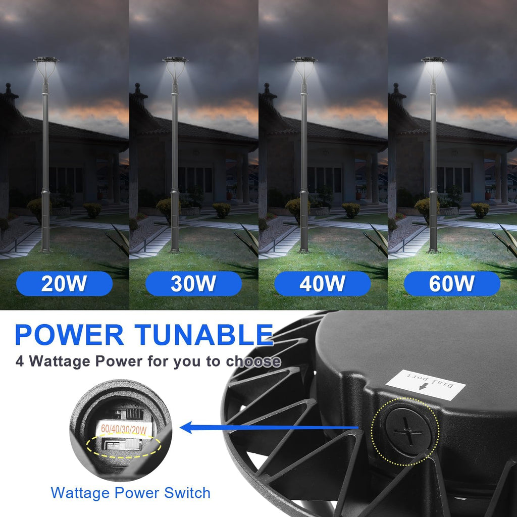 LED Post Top Light with Dusk to Dawn Photocell, 20W/30W/40W/60W Power Tunable, 3CCT 3000K/4000K/5000K Outdoor Post Pole Lights, IP65 LED Circular Area Light for Garden Yard Street, ETL Listed