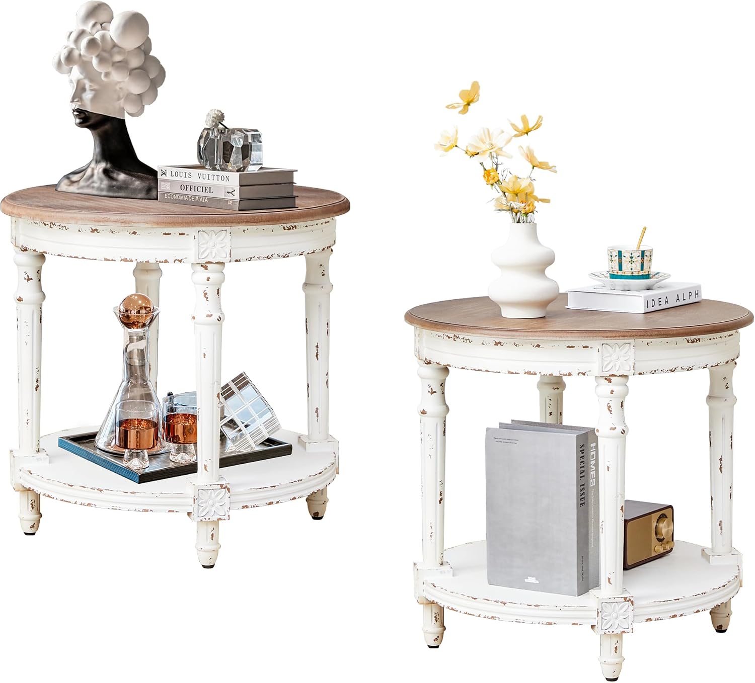 BERRYMERRY 23.6' French Country Round End Table Set of 2, Two Tone Distress 2 Tier Side Table for Living Room Small Space,Easy Assembly
