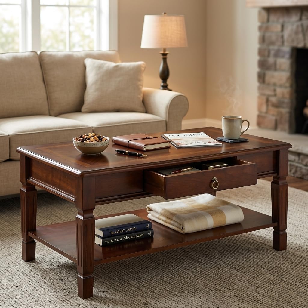 Coffee Table with Single 2-Way Pull Storage Drawer and Shelf, Farmhouse Living Room Table with Wood Legs, Rectangular Cocktail Table,Center Tea Table, 39.4'W x 21.7'L x 17.9'H, Dark Cherry KFZ-D1258